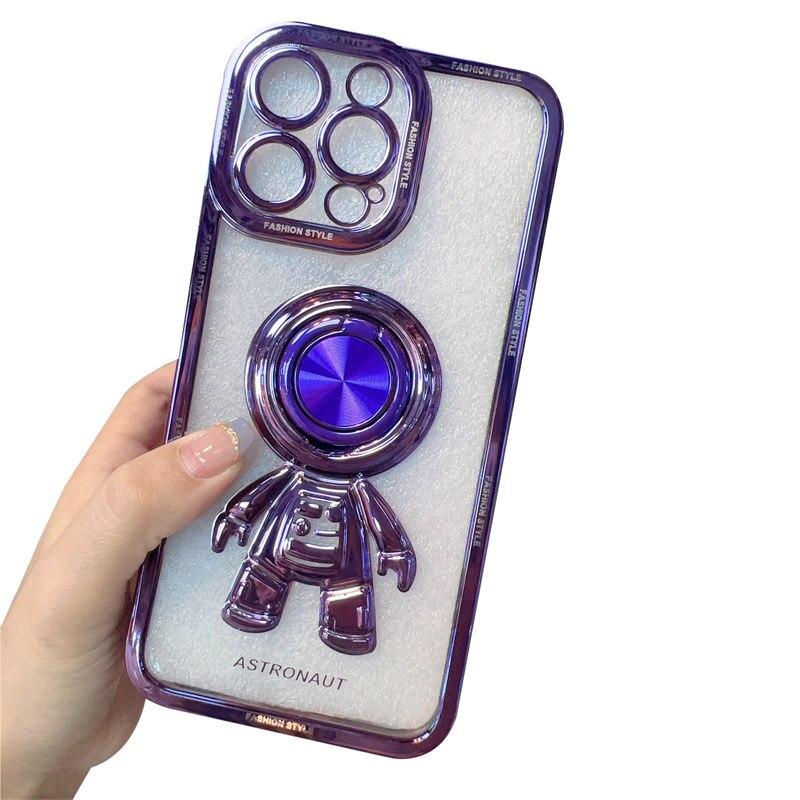 Luxury Plating Soft Silicone Astronaut Bracket Phone Case For iPhone 13 12 11 Pro Max X XR XS Max 14 Plus Ring Holder Back Cover