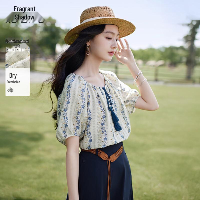 Xiangying Women s Linen Blend Floral Short Sleeve Shirt S