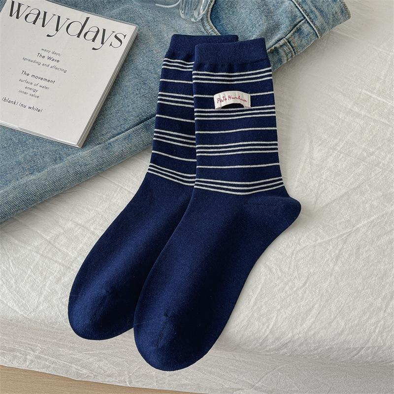 

Полосатые носки, Женские носки до середины икры, Модные хлопковые носки, Универсальные для студентов и пар, Модные длинные махровые носки до икры 1 pair темно-синий