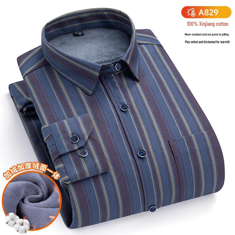 New Plus Size Velvet-Lined Men's Pure Cotton Plaid Shirt - Warm, Thickened for Autumn/Winter Cold Protection