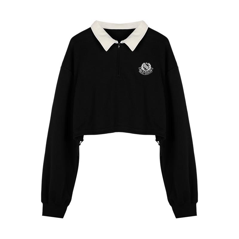Women's Retro Embroidered Polo Collar Half-Zip Pullover - Long Sleeve, Spring/Autumn 2025
