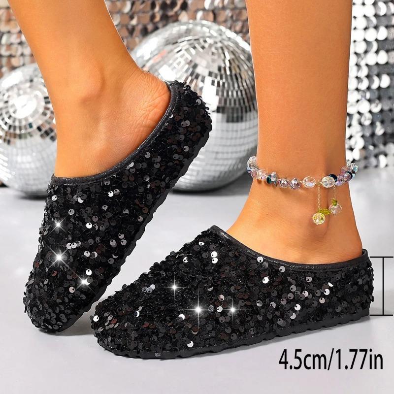 Błyszczące cekinowe damskie kapcie letnie z okrągłym noskiem półsandały do noszenia na zewnątrz gumowa podeszwa wygodne buty codzienne plus size 43