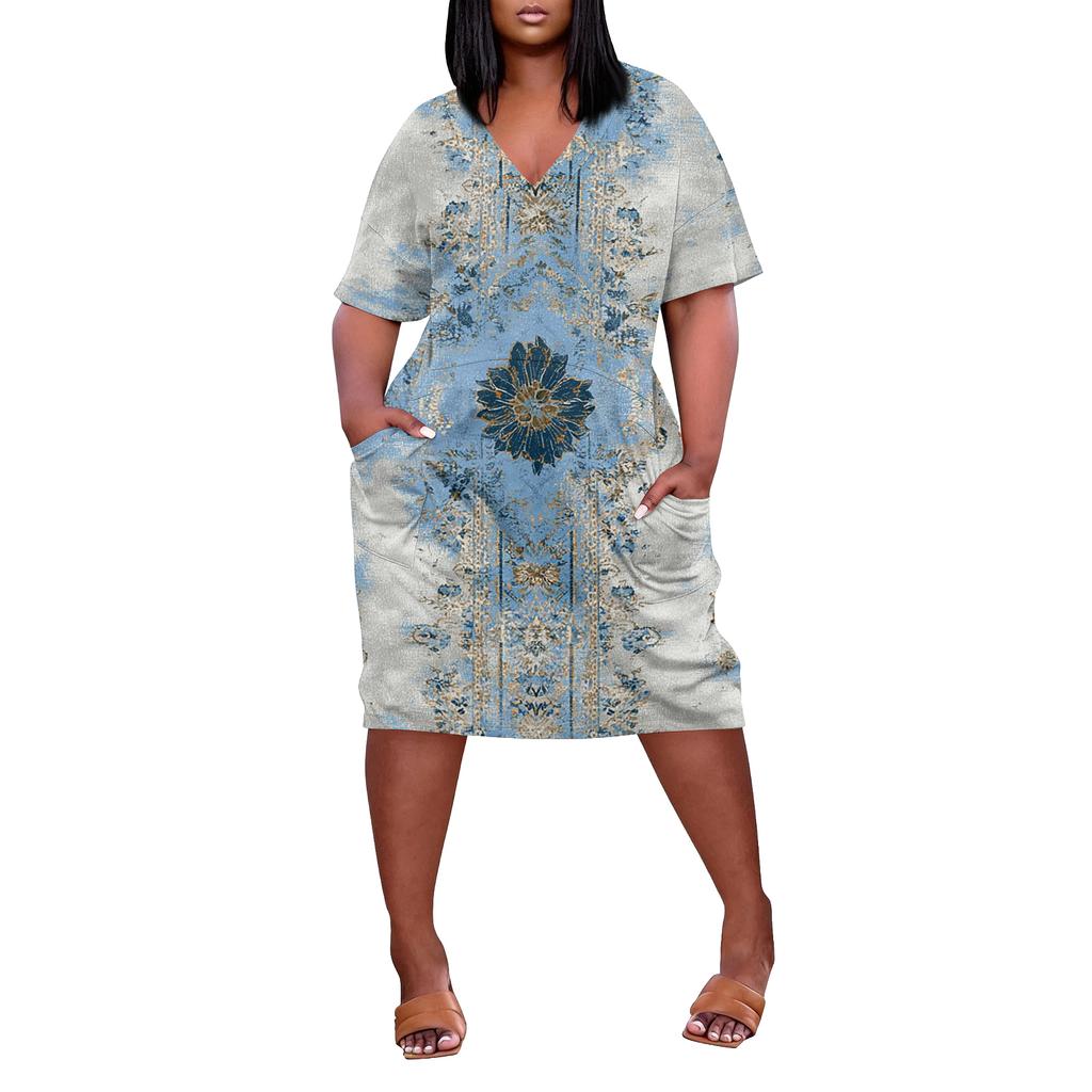 Letní nadměrné velikosti V výstřih krátký rukáv ke kolenům kapsa potisk ležérní šaty pro ženy