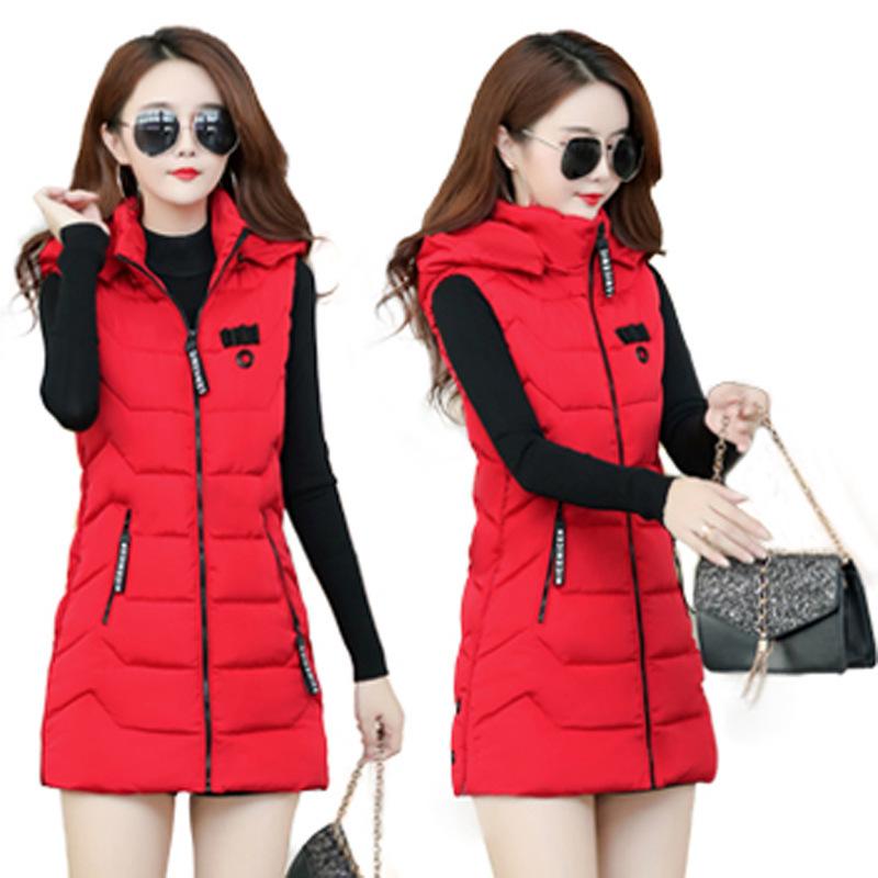 Autumn and winter new women's cotton vest medium and long large size slim-fit hooded sleeveless down cotton vest