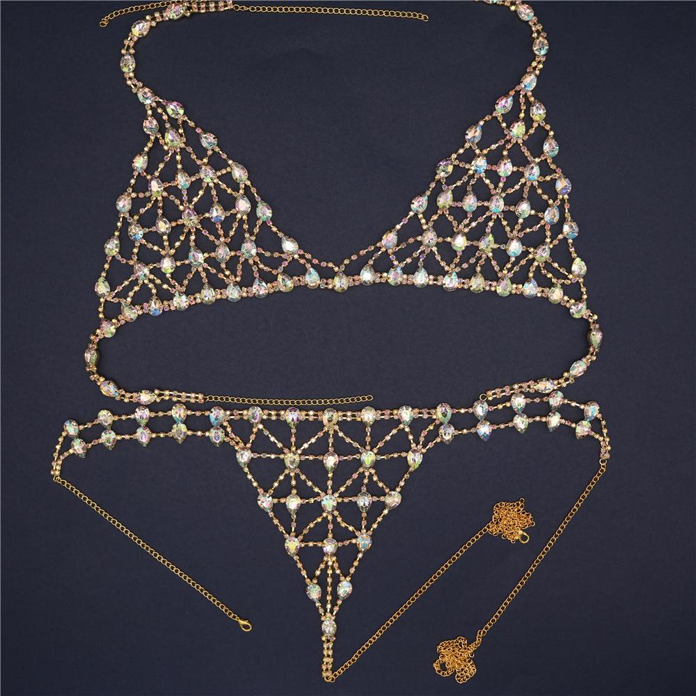 European And American Exaggerated Rhinestone Women'S Sexy Bra Thong Chain Ab Colored Diamond Body Chain Set Body Chain