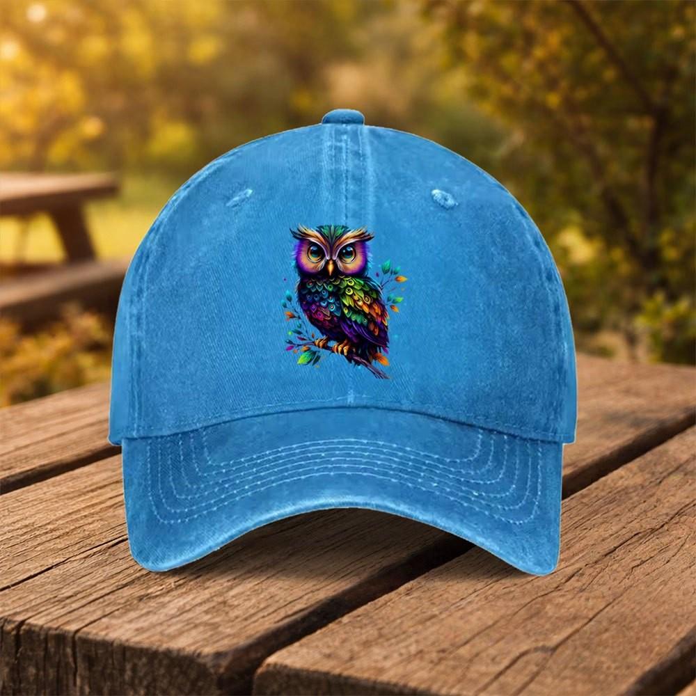 Colorful Owl Print Washed Denim Baseball Cap Adjustable Outdoor Street Casual Headwear