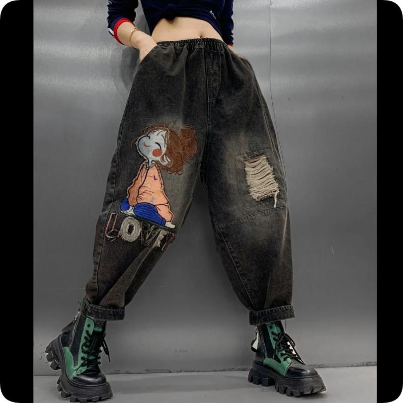 Plus Velvet Thickened Little Girl Embroidered Letters Retro Elastic Denim Harem Pants Women's Winter Leisure Was Thin and Loose Trend