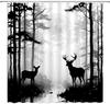 Deer Shower Curtain Foggy Forest Wildlife Hunting Moon Mountain Rustic Lodge Country Farmhouse Pine Tree Outdoor Gray