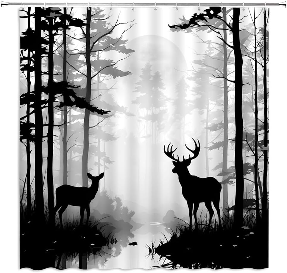 Deer Shower Curtain Foggy Forest Wildlife Hunting Moon Mountain Rustic Lodge Country Farmhouse Pine Tree Outdoor Gray 90x180CM