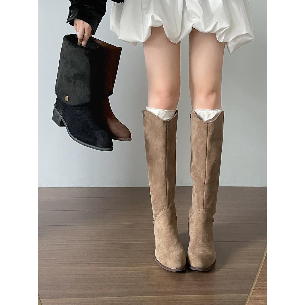 Brown retro pointed thick heel boots women's boots 2025 new autumn thin Maillard western cowboy boots