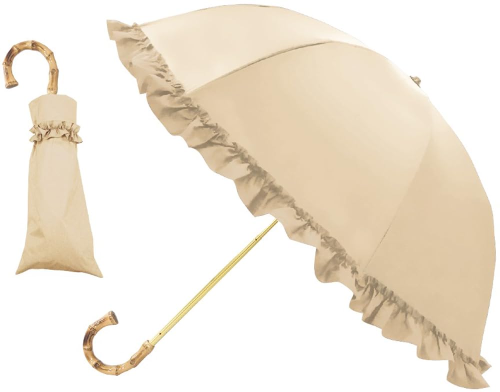 Kamio Japan Pink Trick Rain or Fully Folding Latte 210503 Parasol, Shine, Shade, 2-Section Umbrella, Frilled, Beige, 50cm,