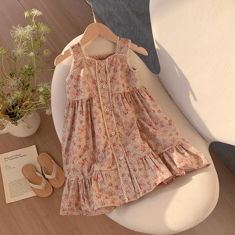 Girls Summer Vintage Lace Floral Sleeveless Dress Elegant Princess Party Dress Kids Clothing 90cm