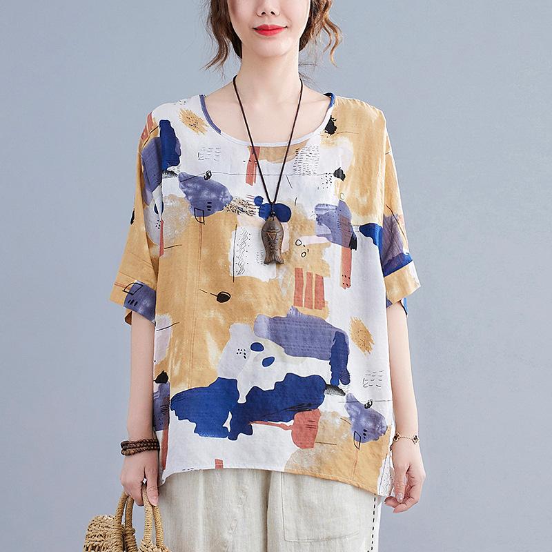 Maglietta larga di grandi dimensioni, casual, con stampa floreale, camicetta inferiore per donna, vintage, scollo a V, maniche a pipistrello, top per donna