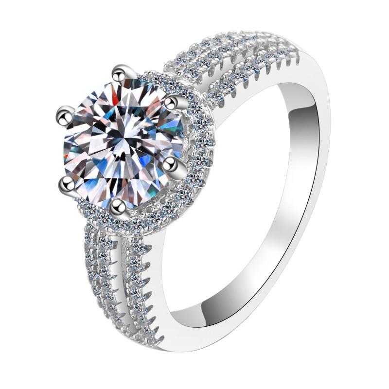 Luxurious ring encrusted with round stones  Round main stone with three rows of micro-set diamonds, women's anniversary wedding bracelet