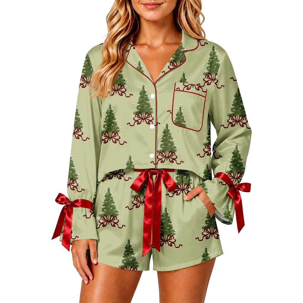 Women's Christmas Pajama Set with Button-Down Shirt and Shorts for Holiday Sleepwear