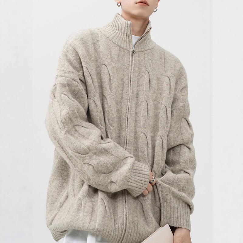 Unisex Vintage Half Turtleneck Cable Knit Cardigan Sweater Loose Fit Winter Casual Zip-Up Outerwear