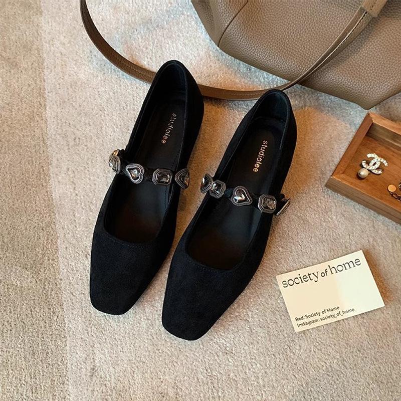 Temperament square head love leopard print drill belt shallow mouth Mary Jane shoes flat single shoes women