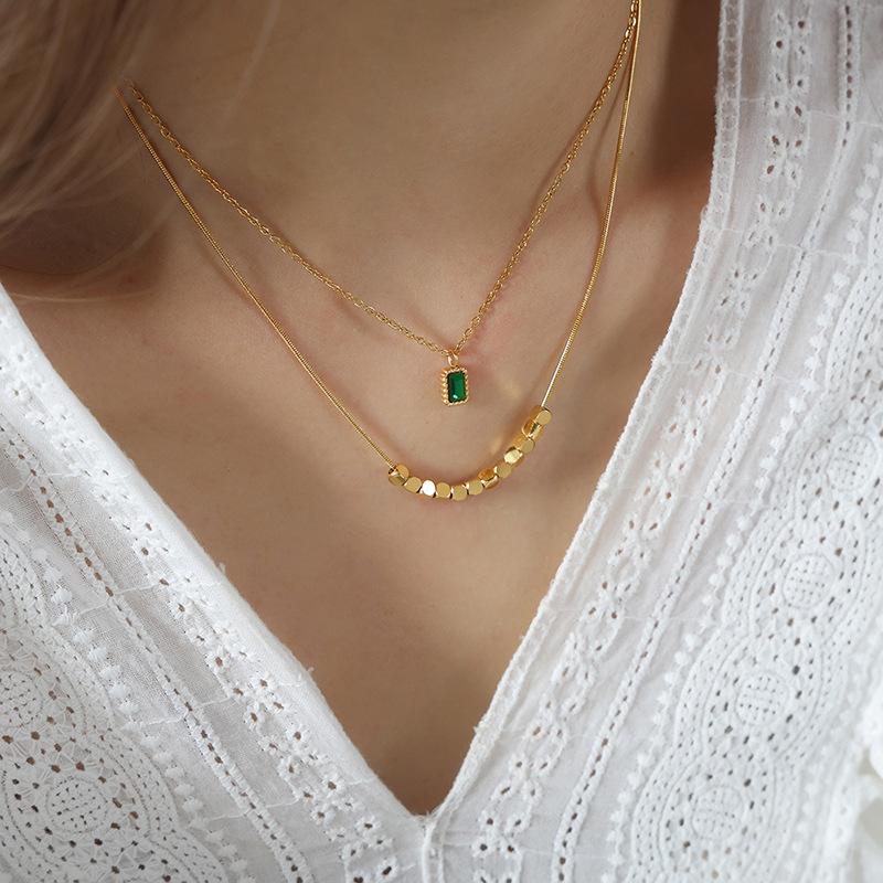 Small Square Pendant Double Necklace Titanium Steel 18K Gold Clavicle Chain Versatile Personality Temperament Jewelry Light Luxury Clavicle Chain