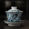Blue and white porcelain cover bowl, Chinese retro and elegant household ceramic Sancai cover bowl, large tea bowl, tea cup