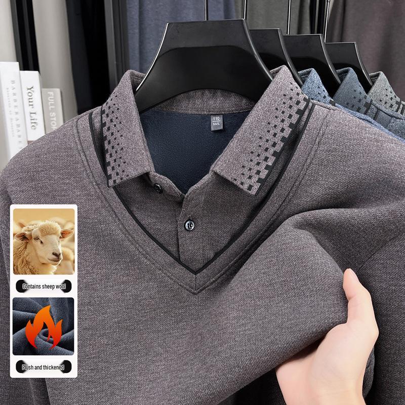 Herren Herbst/Winter Verdickter Samt Wolle Revers Zweiteiliger Lagenpullover für Mittleres und Älteres Alter
