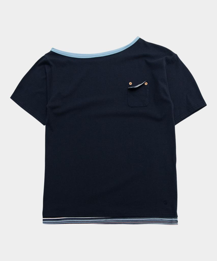 SOME PLACE Pocket Snap Color Block Double Layered Oversized Off-Shoulder Short Sleeve T-Shirt [Navy]