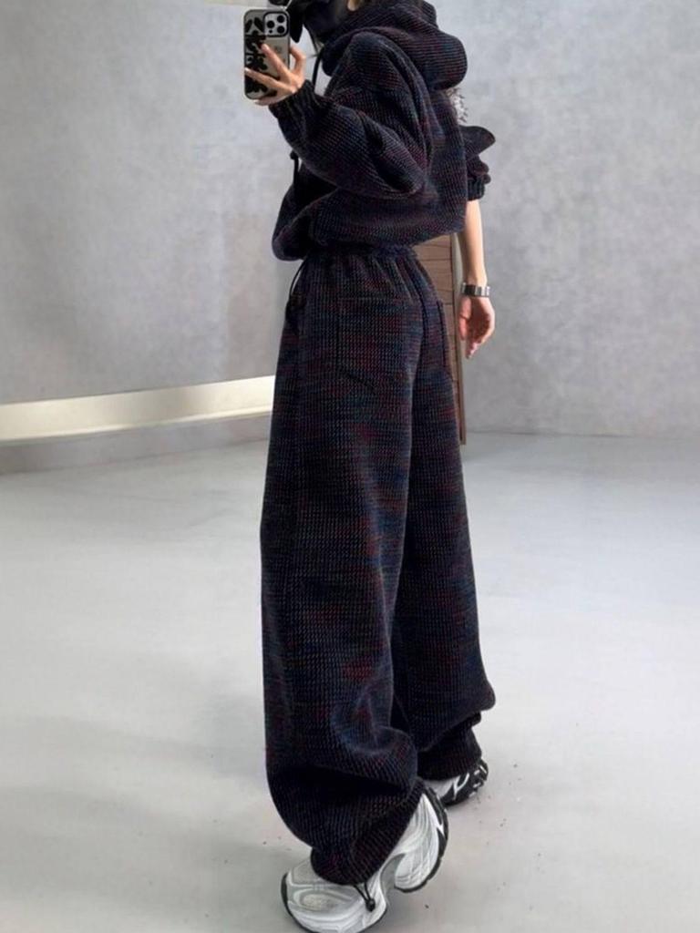 Plus Size Women's Color Block Hoodie & Wide Leg Pants Set for Spring/Autumn