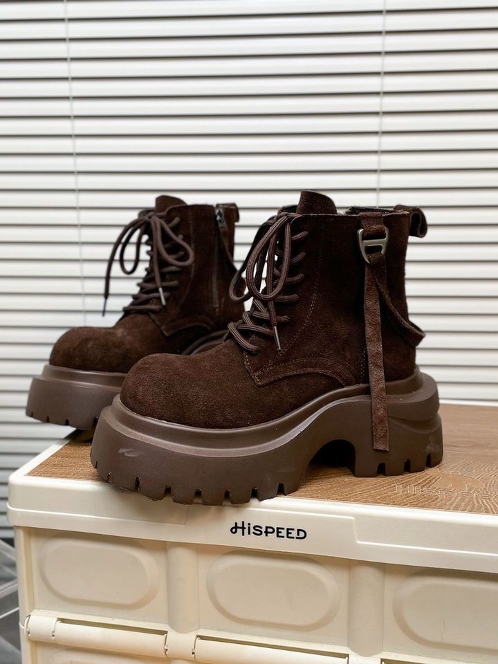 Women's Matte Leather Big Head Martin Boots,Thick Sole Motorcycle Ankle Boots for Autumn Winter