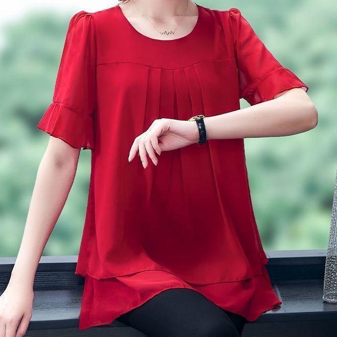 Chiffon Short Sleeved Top Women's Summer Size Loose and Elegant Small Shirt