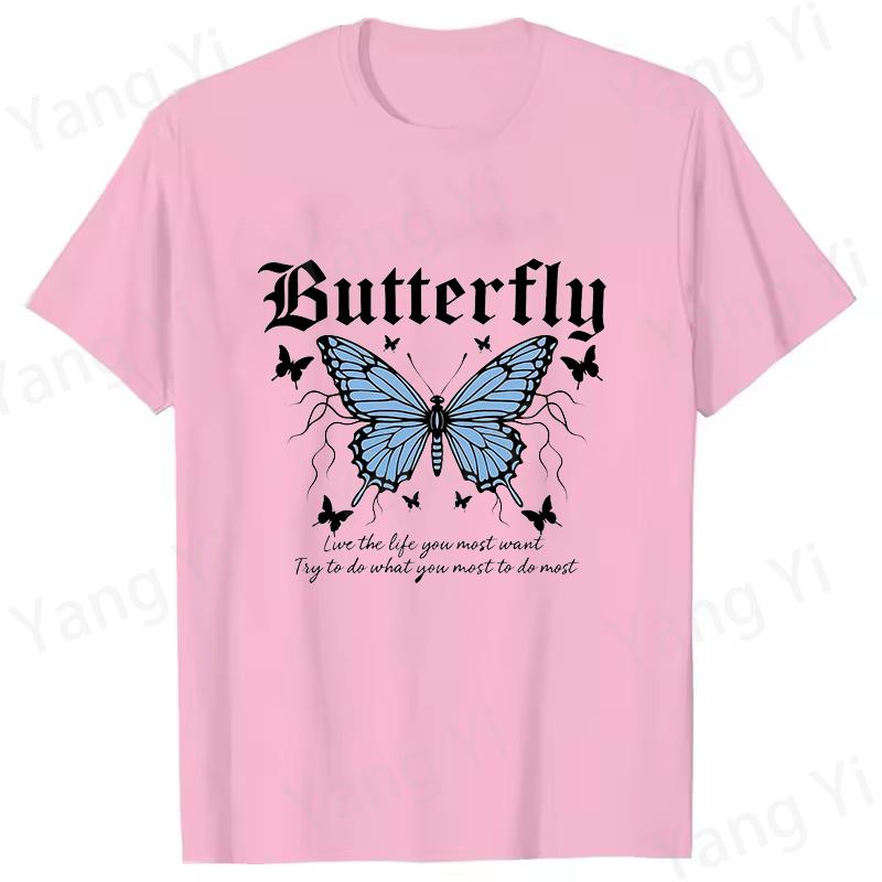 Blue Butterfly Print and Inspirational Slogan Print Tshirt Unisex Women Fashion Round Neck Loose Tee Shirt Streetwear Tshirt Tees