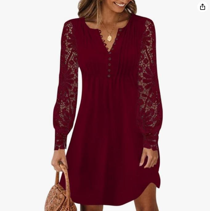 Women V Neck Long Sleeve Lace Panel Mini Dress Casual A Line Shift Dress