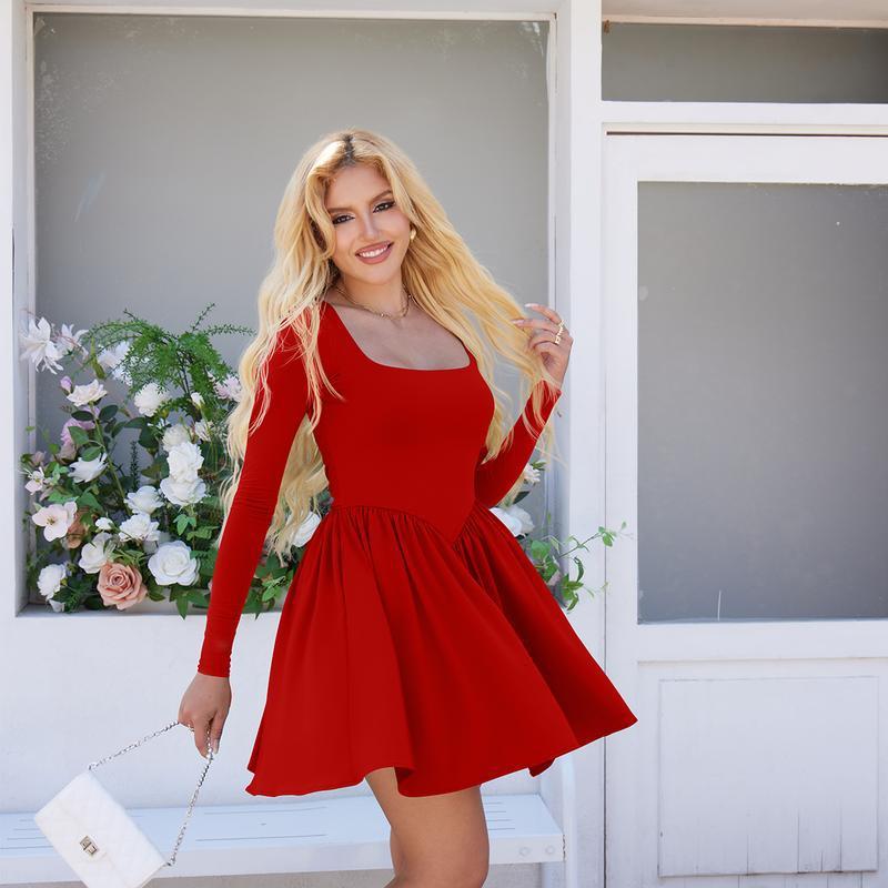 2026 European Fashion Women's Slim Fit Knit Bandage Dress with Square Neck and Long Sleeves