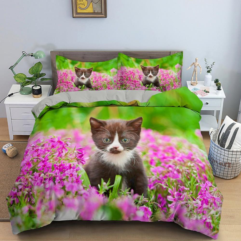Lovely Baby Cat Bedding Set 3D Kitten Flower Bed Single Double Queen Twin Full Size Duvet Cover Set Kids Girls Room Decor