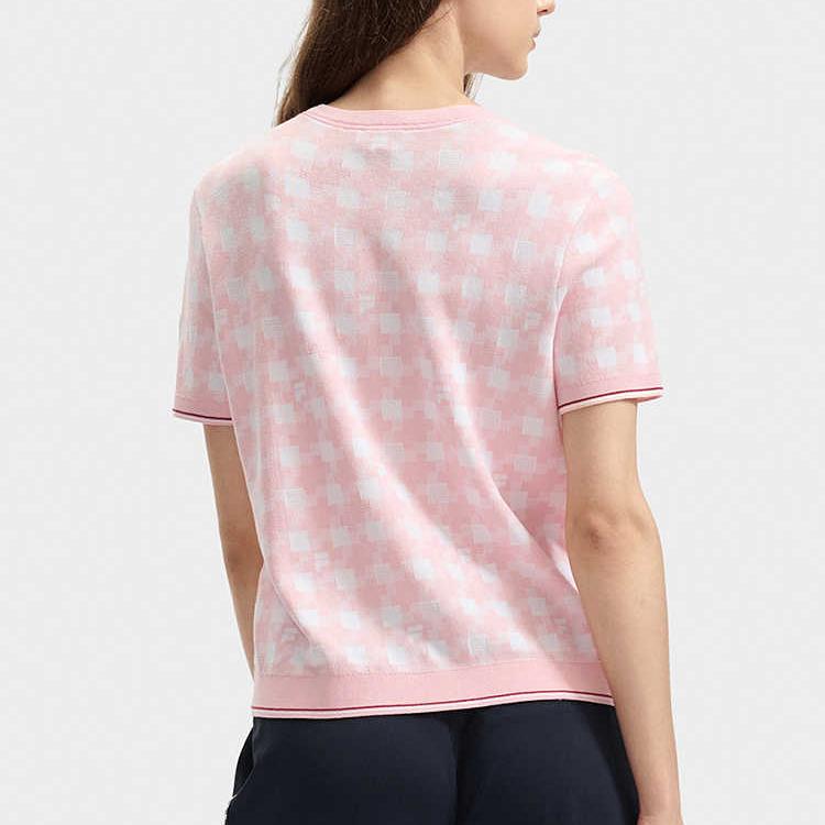 FILA Houndstooth Print Round Neck Short Sleeve T-Shirt Women Tops Raspberry-Pink F11W431402F-LP