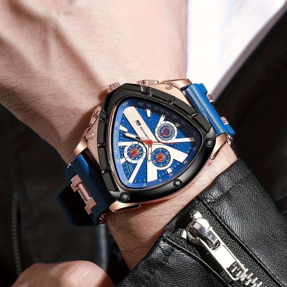 Men Universal Casual Quartz Watch Multifunctional Polygonal Three-Eye Dial Silicone Strap Auto Date Wristwatch Men Festival Gift