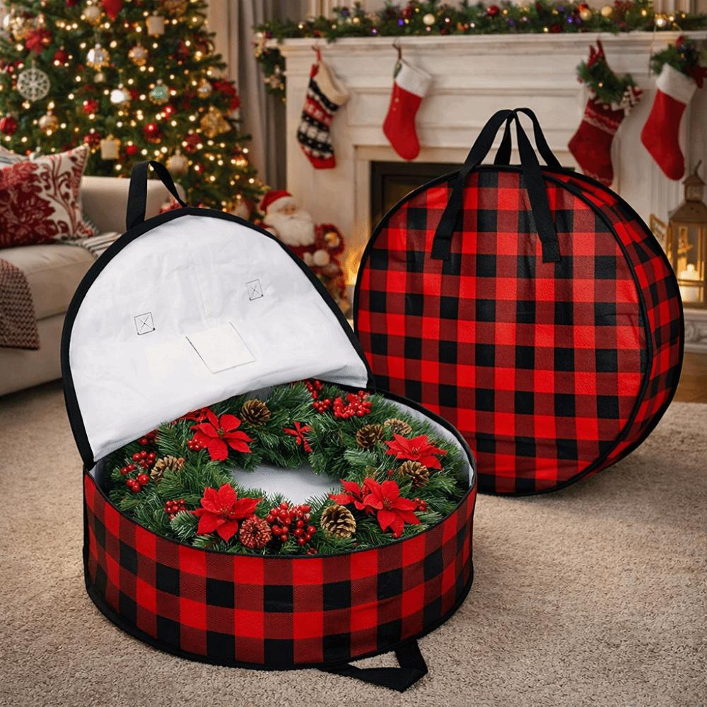 Stackable Plaid Christmas Wreath Storage Bag Waterproof Large Capacity Wreath Storage Container with Zipper and Handles