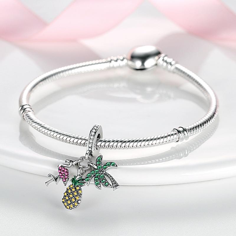 Charms Copper Pineapple, Flamingo, Coconut Tree Pendants Fit Charms Plata Original Bracelet Beads Women Jewellery Making