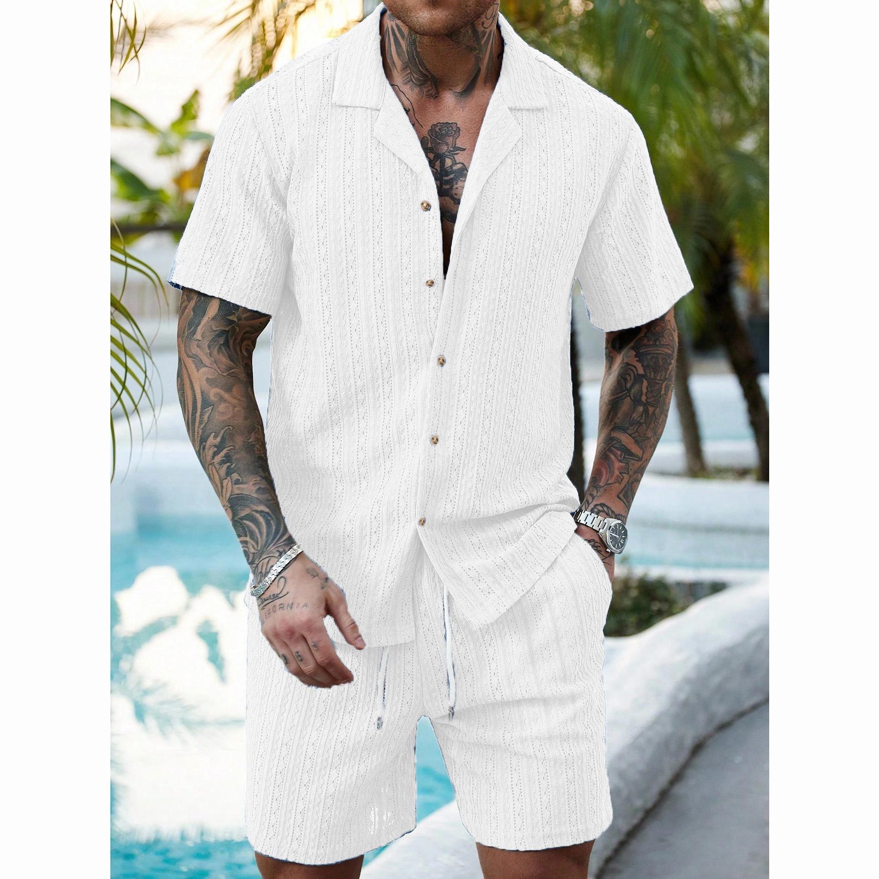 Casual Men s Cardigan Summer Short-Sleeve Shirt Drawstring Shorts Two-Piece Set S