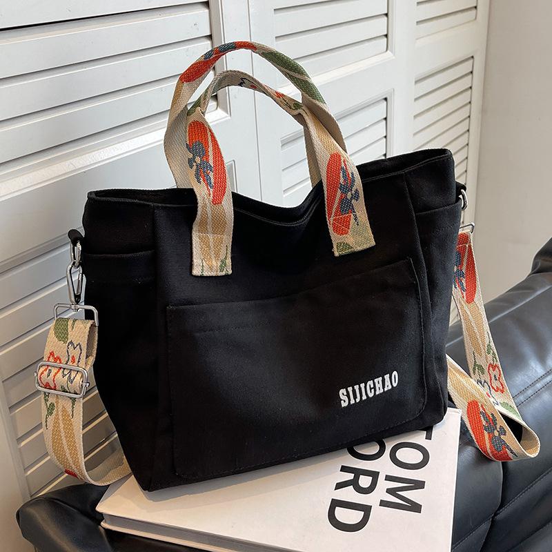 

Холщовая сумка женская сумка-тоут большой вместимости весна-лето кроссбоди 2024 новая широкополосная сумка через плечо сумка для поездок на работу чёрный