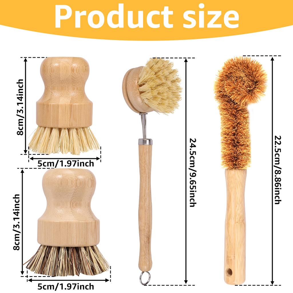3/5Pcs Wooden Dish Brush Replaceable Long Handle Kitchen Cleaning Brush Set Natural Sisal Scrubbing Brush for Cleaning Pots Pan