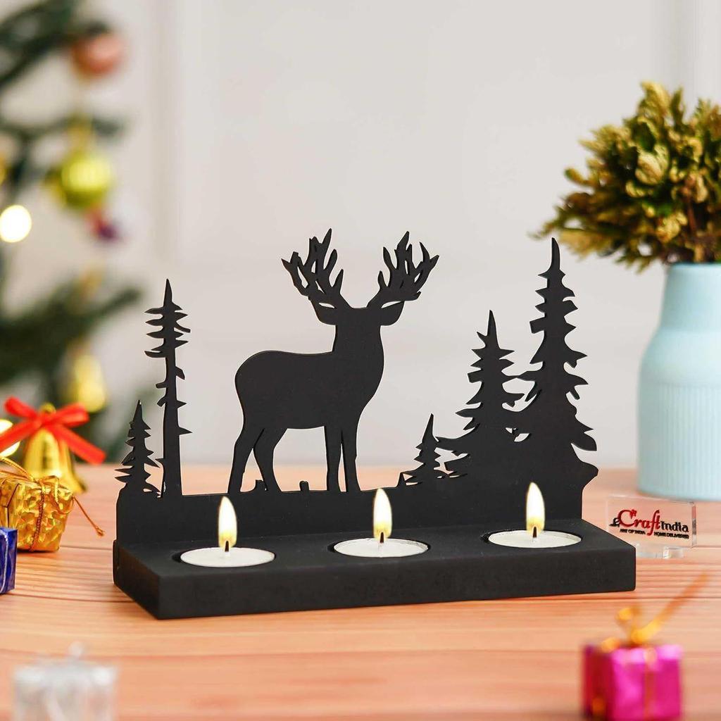 Weihnachtsbaum Deko Teelichthalter aus Holz Rentier(Schwarz)| Diwali Weihnachtsdekorationsartikel für Heimdekoration Wohnzimmer Büro