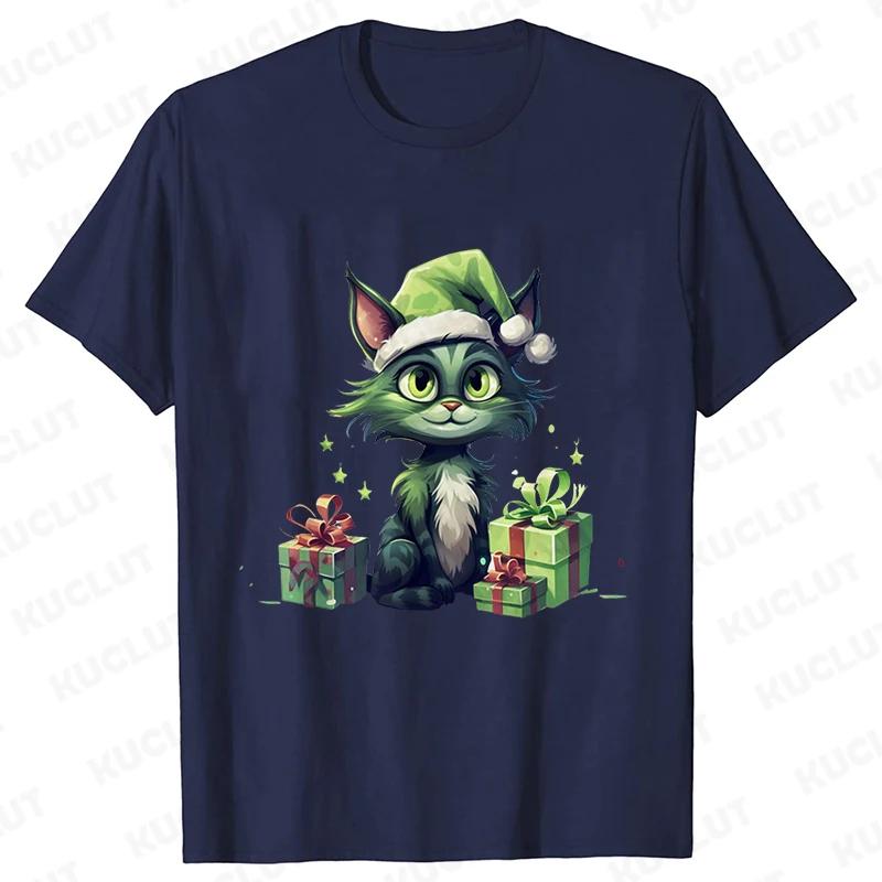 New Year Short Sleeve Tshirt Cute Cat Print Tops Fashion Xmas Unisex Tees Shirt Trend Graphic Christmas Male Oversized Clothing