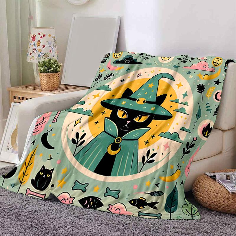 1pc Green Wizard Cat Blanket Soft Throw for Home Decor, Perfect Gift for All Seasons, Living Room, Travel, Camping, Car Blankets