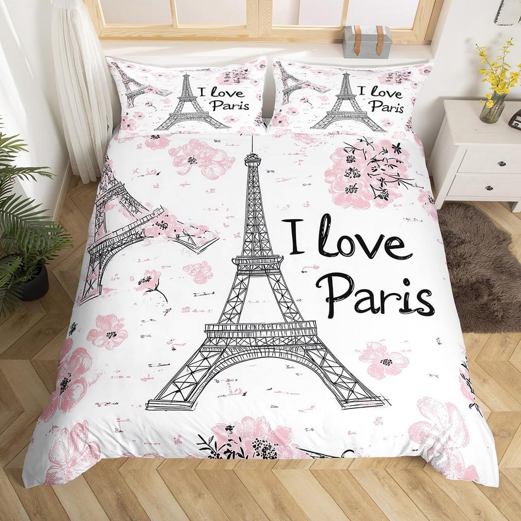 Set Biancheria da Letto Torre Eiffel Matrimoniale per Bambini Ragazze Donne Stampa Floreale Europea 3D Copripiumino Vintage Tematica Coppie Copripiumino