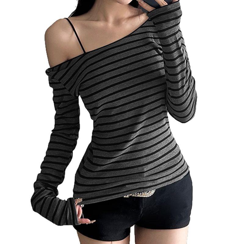 [1×1 Ribbed Velvet, 220gsm] Striped Off-the-Shoulder Versatile Lightweight Long-Sleeved T-Shirt with a Stylish Silhouette