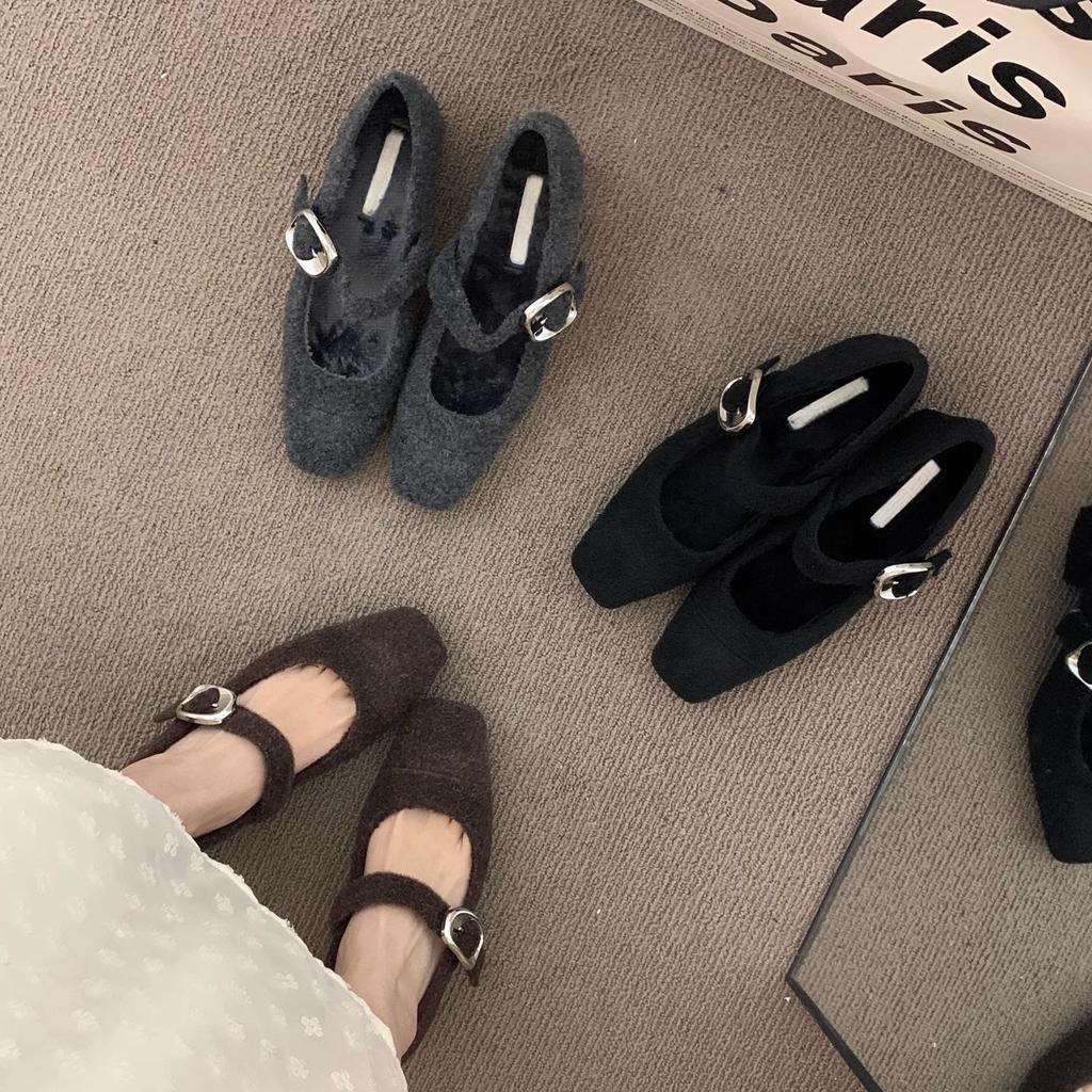 French high-end dark brown thick heel retro woolen single shoes women's shoes autumn and winter middle heel commuting evening cotton shoes