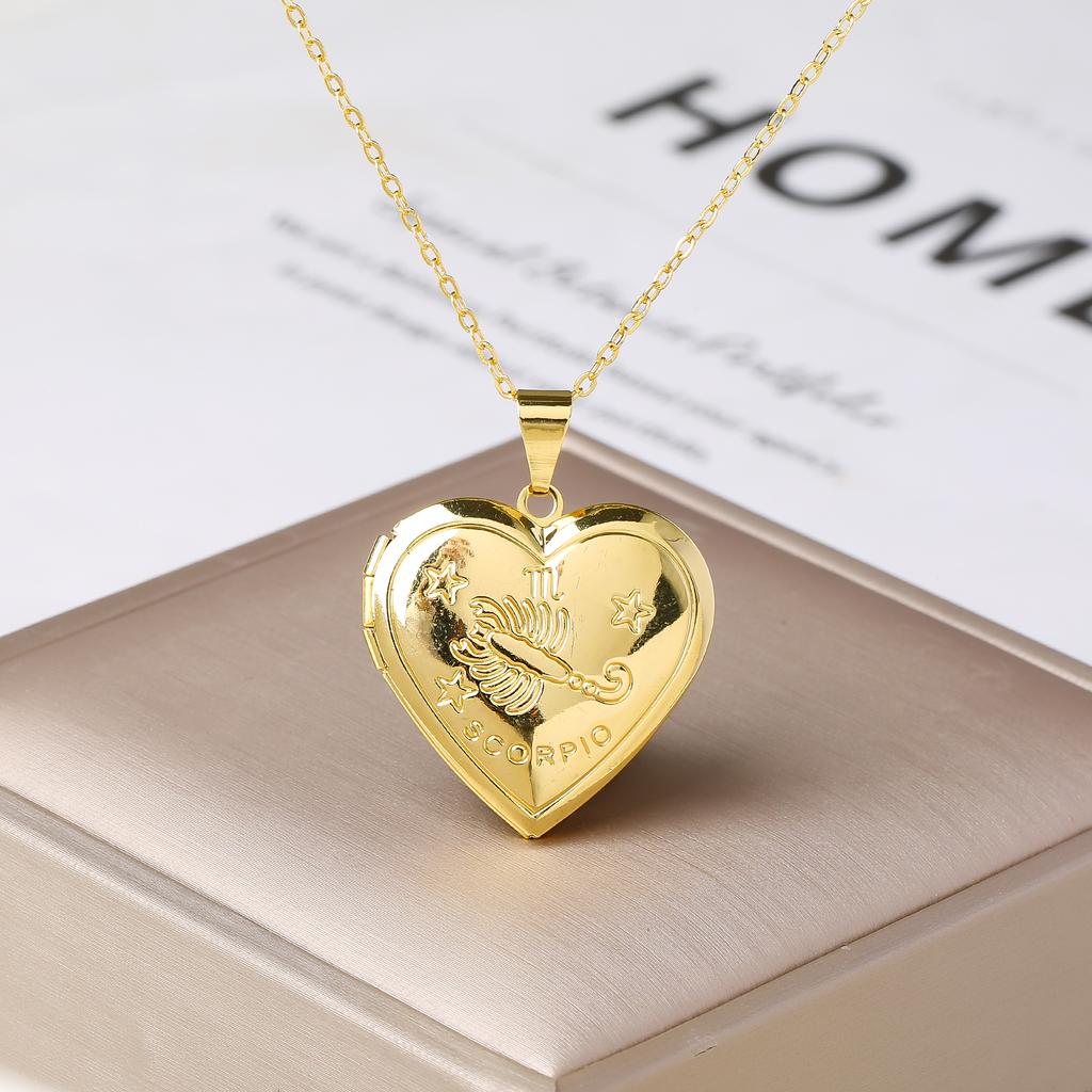12 Zodiac Signs Openable Photo Frame Heart Locket Necklace for Women Gold Plated Astrology Horoscope Photo Pendant Jewelry Gift