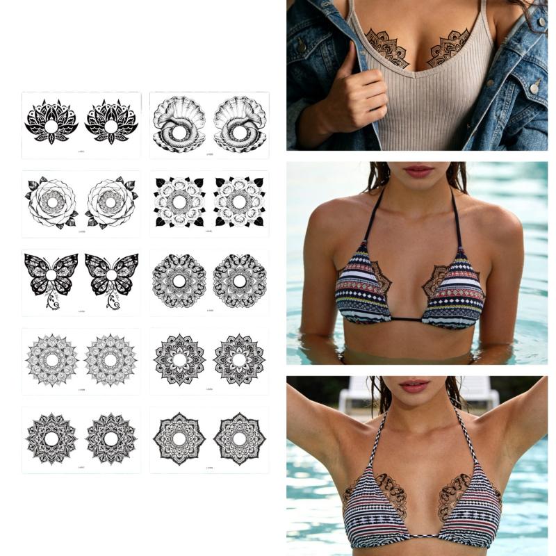 10 Fogli Adesivi Tatuaggio Sexy sul Petto Per Adulti, Tatuaggio Mandala e Farfalla, Adesivi Body Art, Impermeabili e Facili da Rimuovere