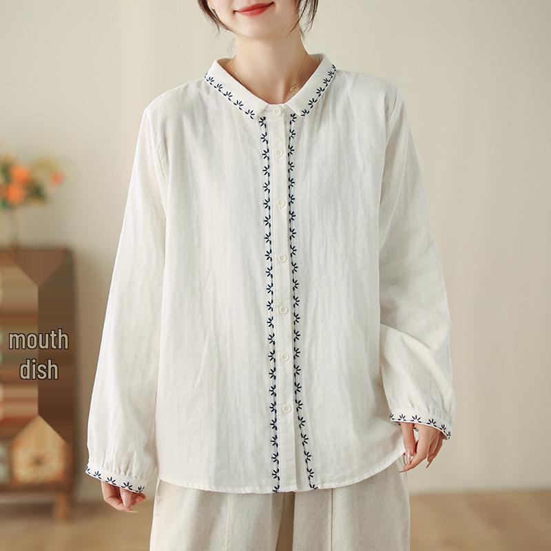 2025 Retro Art Women's Embroidered Lapel Shirt - Comfortable Spring Top