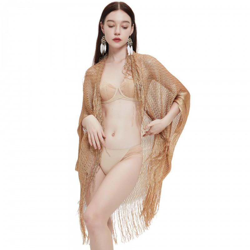 Womens Lightweight Sun Protection Shawl With Fringe Trim Gold Mesh Knit Cover-Up