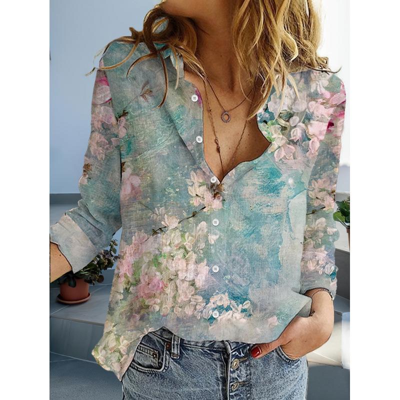 European and American 1D Digital Printing Stand-up Collar Long-sleeved Shirt Women's Loose Hawaiian Style Vacation Casual Top Trend